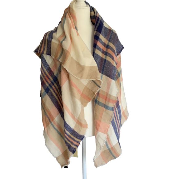 Pink Blue Blanket Scarf, Scarf Blanket, Plaid Blanket Scarf, Winter Oversized Sc - Picture 2 of 4